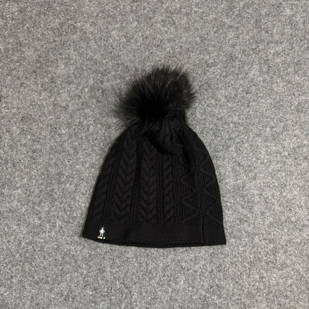 SmartWool Merino Wool Blend Pom Pom Beanie Winter Hat Black Womens One Size